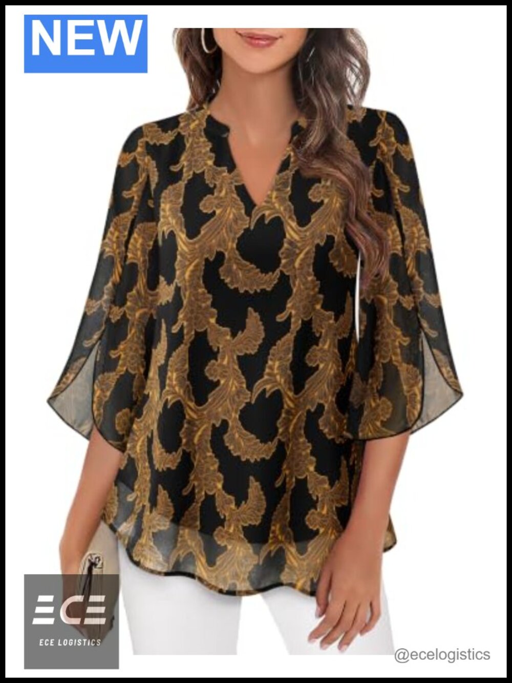 Womens Dressy Casual Ruffle 3/4 Sleeve V Neck Double Layers Chiffon Blouse
